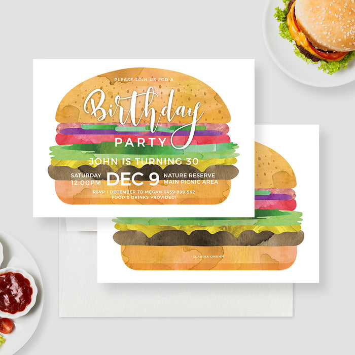 Burger Birthday Party Invitation Template, BBQ Party Printable Digital Download with Hamburger, Cookout Party Invites