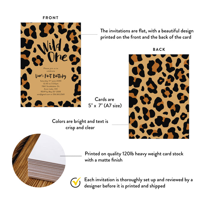 Wild One First Birthday Party Invitation with Animal Leopard Print, Invitation Card for Children, Safari Birthday Invites