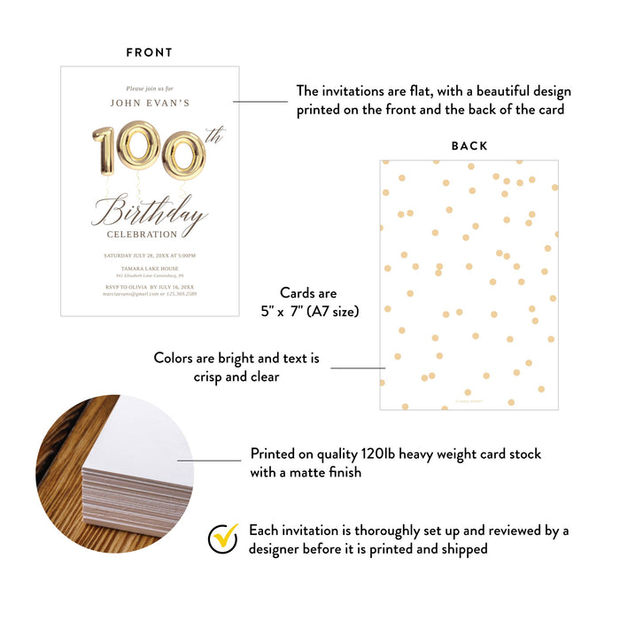 100th Birthday Party Invitations with Golden Balloons, 100th Business Anniversary Invites, Centenary Party Invitations, 100 Years