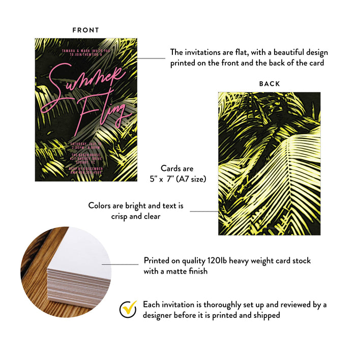 Summer Fling Invitation Card with Palm Leaves, Tropical Nights Bachelorette Weekend Invitations, Summer Patio Party Invites