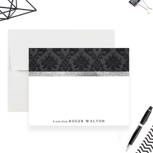 Personalized black and silver note card with damask pattern