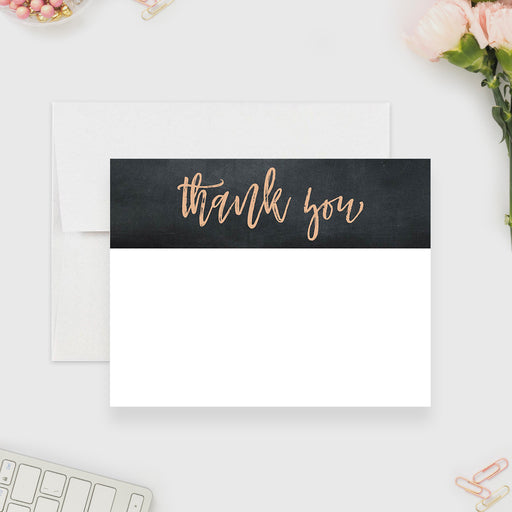 Modern thank you note card with chalkboard background and rose gold script, flat lay with envelope.