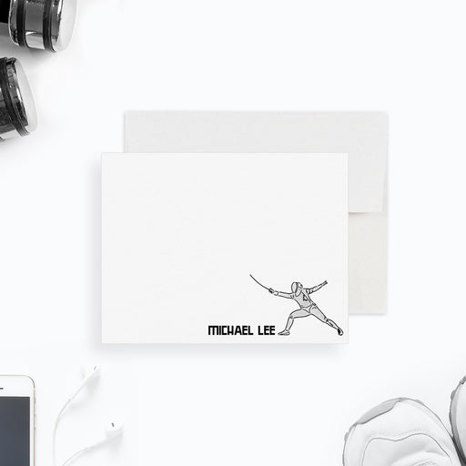 Personalized fencing stationery set featuring crossed swords design, ideal for boys and men who love the sport of fencing

