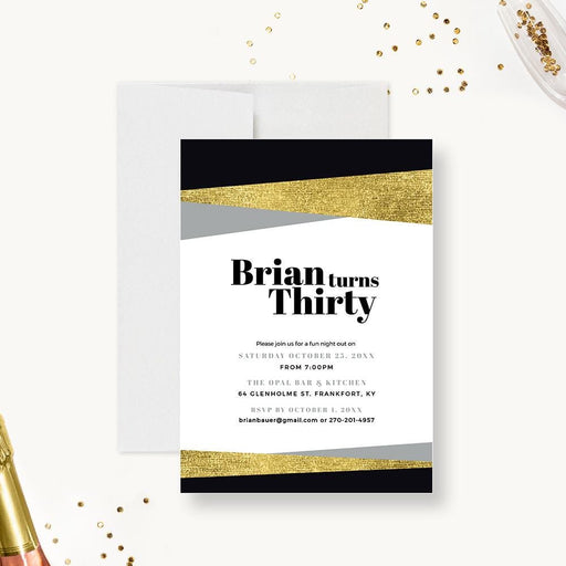 a black and gold birthday party card with a champagne bottle