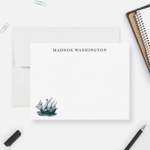 Flat nautical note card with vintage sailing ship illustration and ocean-themed back.
