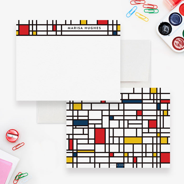 Mondrian Personalized Note Card Stationery, Geometric Unique Correspondence Note Cards, Custom Office Stationery Cards With Envelopes for Men and Women