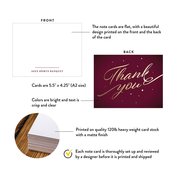 Burgundy and Gold Note Card with Cursive Typography, Business Banquet Thank You Card, Professional Stationery Correspondence Card