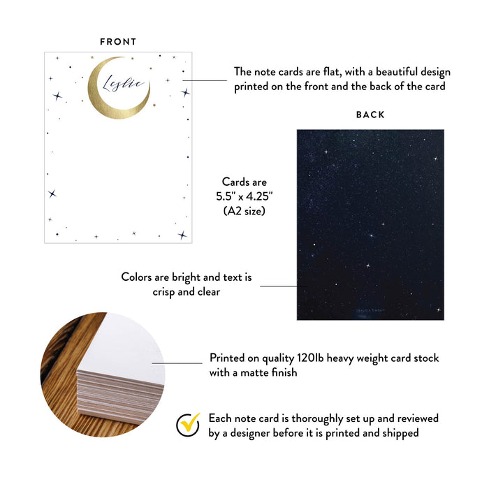 Personalized Moon Note Card for Boys and Girls, Custom Note Card with Moon and Stars, Celestial Inspired Birthday Thank You Cards for Kids