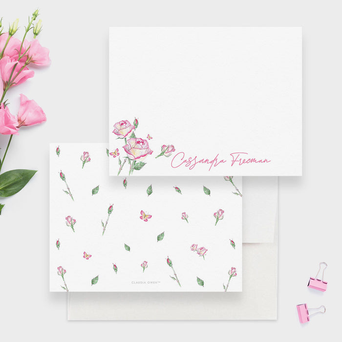 Pink Rose Stationery Thank You Card Floral Note Card, Gift For Her Flower Note Card Home Stationery, Womens Flower Stationery