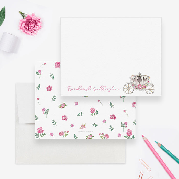 Princess Carriage Girl Stationary, Carriage Note Card Princess Thank You Flat Note Card, Pink Rose Floral Stationery Horse and Carriage