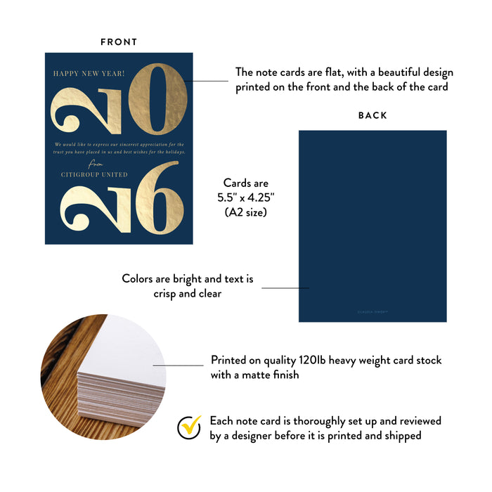 Elegant 2026 New Year Card Navy Blue Gold Holiday Greeting