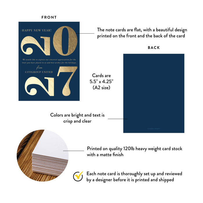 Note card with 2027 design on front, back view, and quality details.