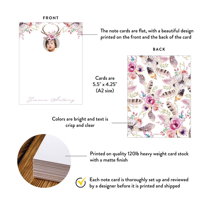 Boho Floral Note Card Girls Antler Photo Personalized Stationery