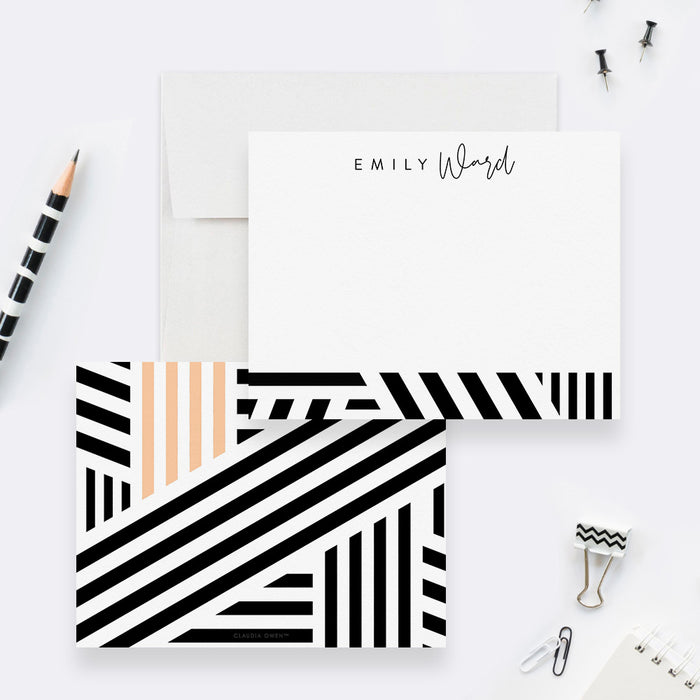 Stationery Set with Geometric Pattern, Patterned Office Note Card, Unique Monochrome Thank You Card, Modern Personalized Gift For Her