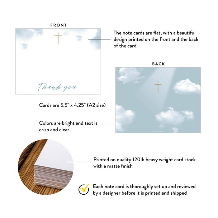 Memorial Thank You Card Blue Sky Clouds Gold Cross