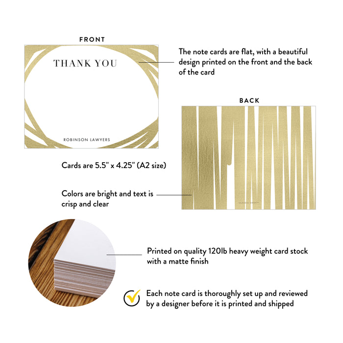 Note card with design details on front and back, including dimensions and material quality.