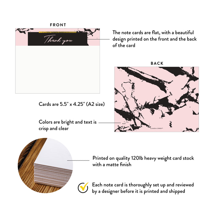 Modern Thank You Card, Customizable Pink and Black Marble Note Card, Cool Stationery