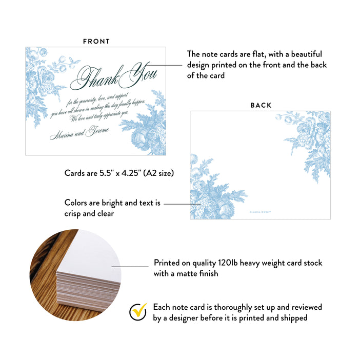 White and Blue Floral Wedding Thank You Cards, Personalized Romantic Stationery For Women