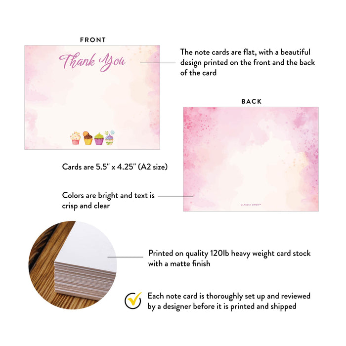 Sweetest Thanks in Blush Pink, Cupcake Thank You Cards for Birthday Parties, Cute Stationery Note Cards