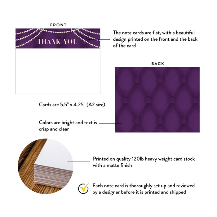 Purple Tufted Note Card with Pearls, Elegant Bridal Shower Thank You Note, Personalized Gift for Women, Pearl Thank You Cards with Envelopes