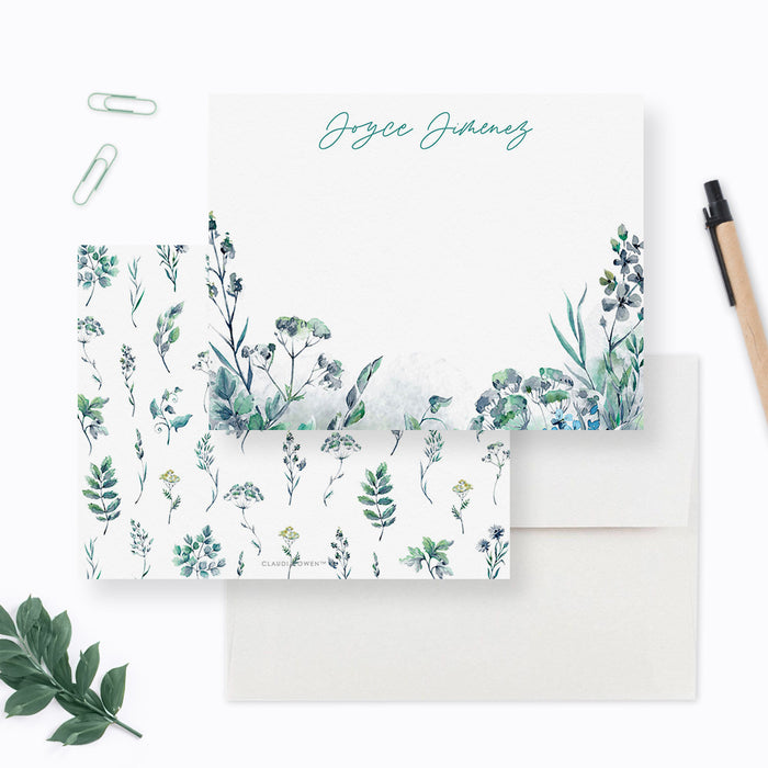 Plant Lover Personal Stationery Botanical Custom Notecard Greenery Stationery For Women Card Envelope Set, Green Leaves Nature Lover Gift