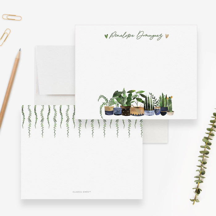 Plant Pot Personal Custom Stationery Gift Botanical Note Card Envelope Set, Nature Greenery Plant Lady Plant Lover Gift Plant Mom