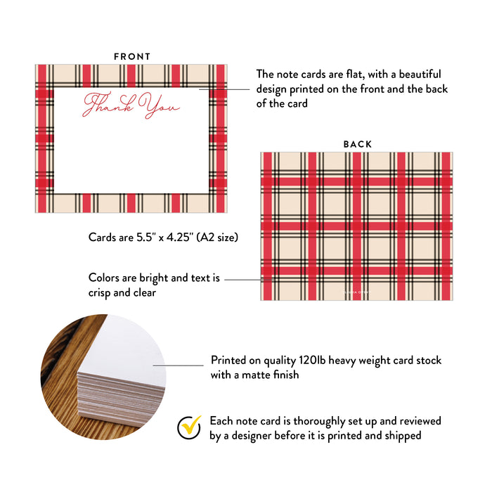 Holiday Thank You Note Card, Personalized Note Card for Christmas with Festive Plaid Design, Christmas Greeting Cards for Family or Business Use