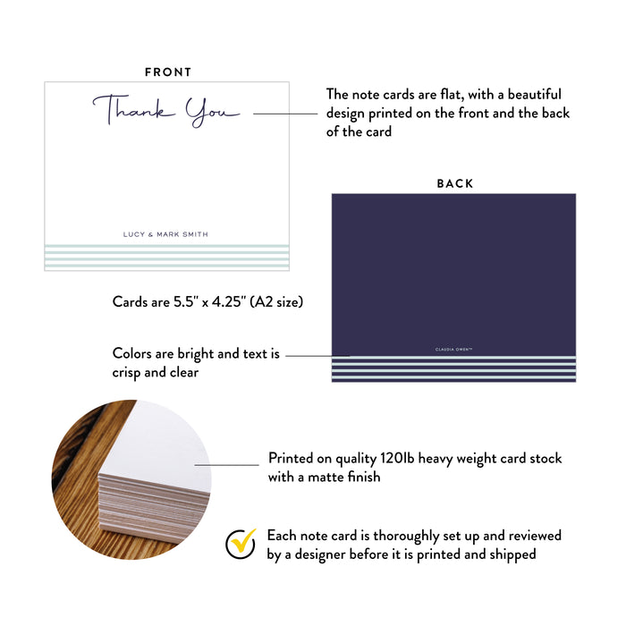 Personalized Minimalist Note Card with Stripes, Custom Stationery for Men, Birthday Thank You Note, Simple Thank You Card for Birthday Party in Navy Blue