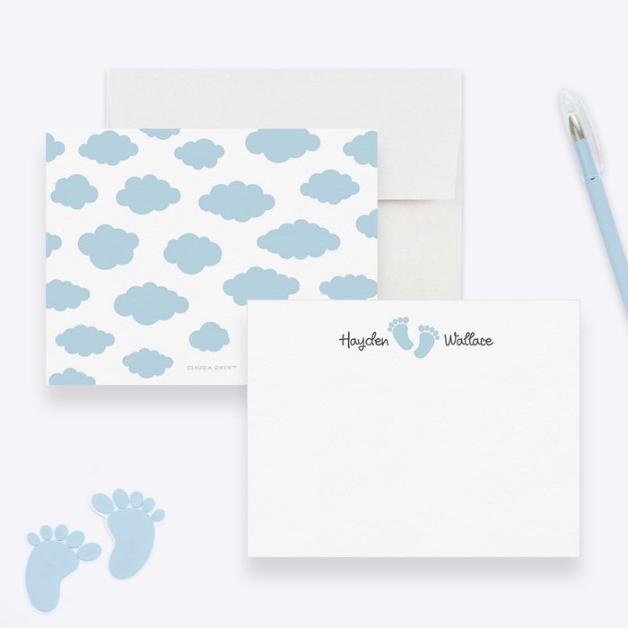 Baby Footprint Note Card with Blue Clouds, Cute Baby Stationary, Baby Boy Shower Gift, Custom Stationery Baby Shower Thank You Cards