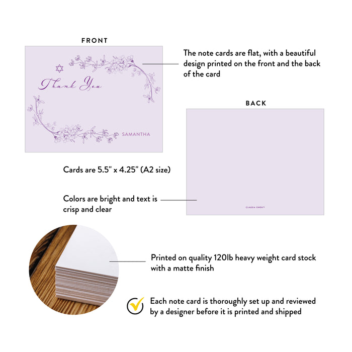 Floral Bat Mitzvah Thank You Card Lavender Custom Stationery