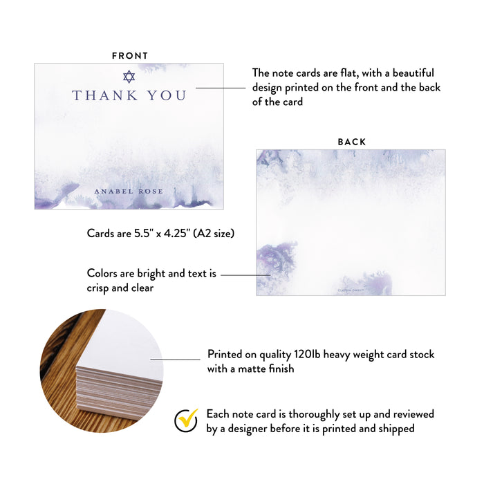 Bat Mitzvah Thank You Cards Purple Watercolor Elegant Set