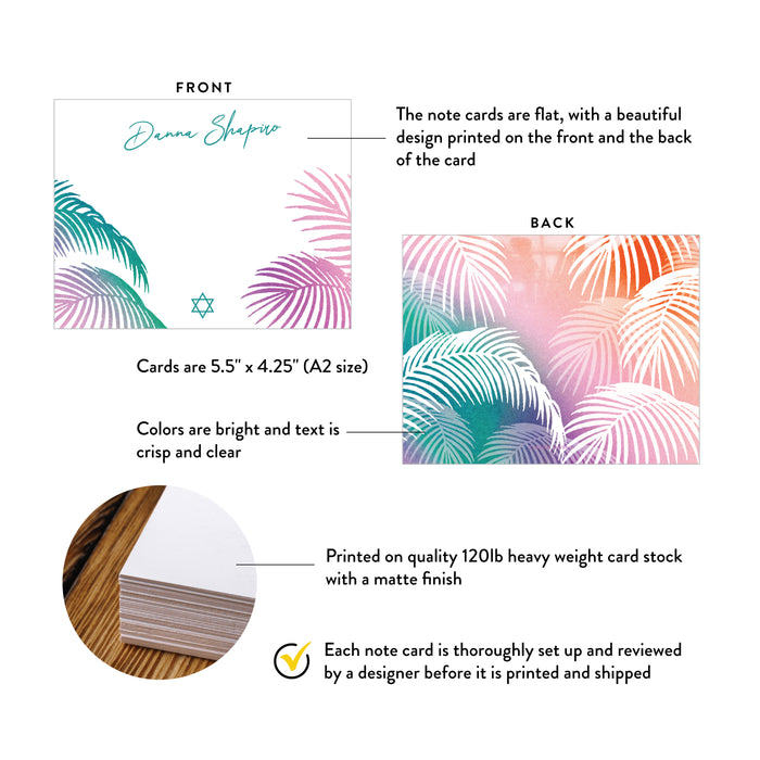 Tropical Bat Mitzvah Note Card Palm Leaves and Star of David Design