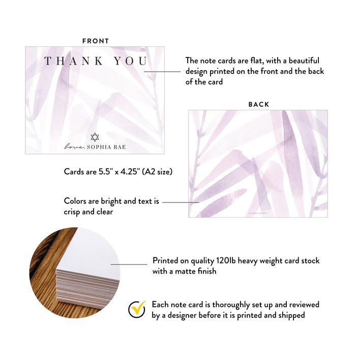 Lavender Bat Mitzvah Thank You Card with Botanical Watercolor Design
