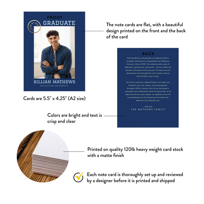 Graduation Announcement Photo Card Class of 2026 Navy Gold Graduate Card