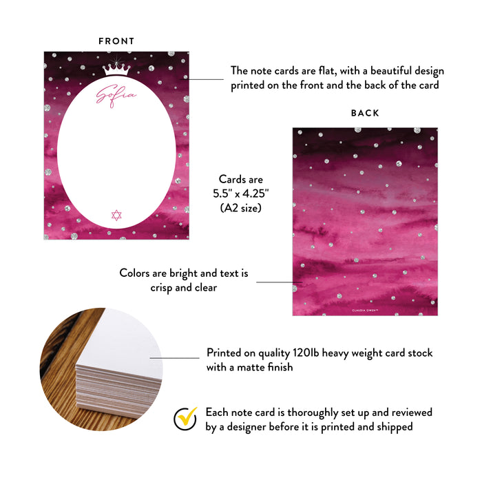 Elegant Pink Bat Mitzvah Note Card Personalized Jewish Stationery