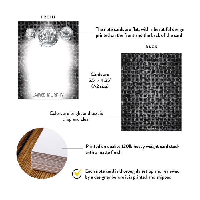 Personalized Disco Note Card Black Silver Party Stationery