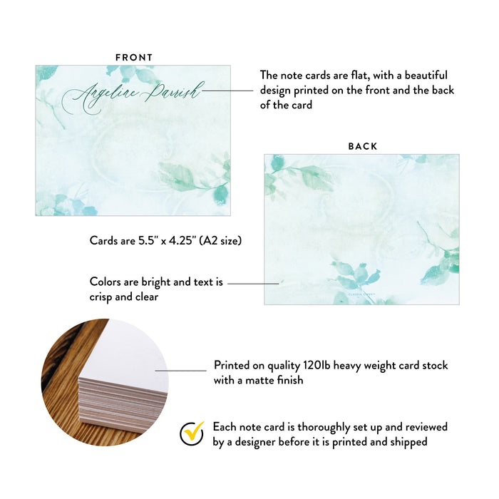Personalized Aqua Watercolor Greenery Note Cards for Women