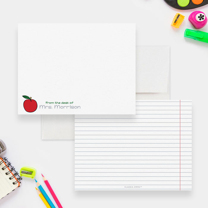 Apple Note Cards, Personalized Teacher Notes, Custom Teacher Apple Gift Stationery Note Card, Thank You Teacher Appreciation