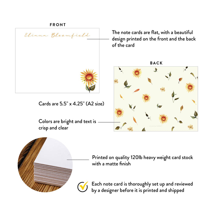 Sunflower Floral Flat Note Cards Personalized Botanical Flower Note Card, Personal Womens Stationery, Summer Sunflower Stationery Gift