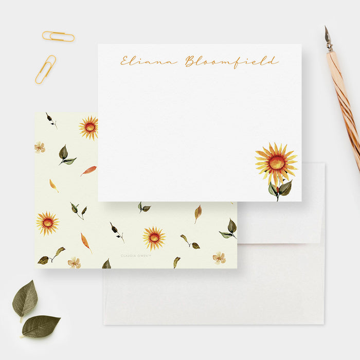 Sunflower Floral Flat Note Cards Personalized Botanical Flower Note Card, Personal Womens Stationery, Summer Sunflower Stationery Gift