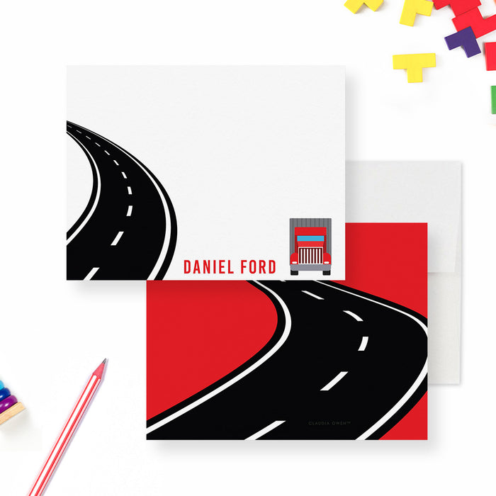 Red Truck Custom Stationary Cards, Kids Thank You Cards and Envelopes, Personalized Truck Note Cards Pen Pal Stationery Paper Set