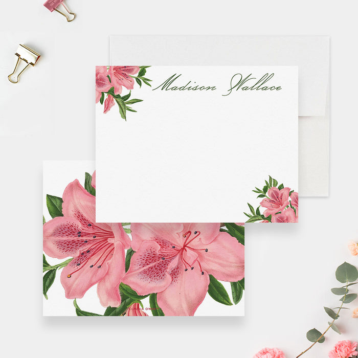 Rhododendron Note Card, Pink Floral Stationary Set for Women, Personalized Flower Thank You Cards, Custom Stationery Writing Paper
