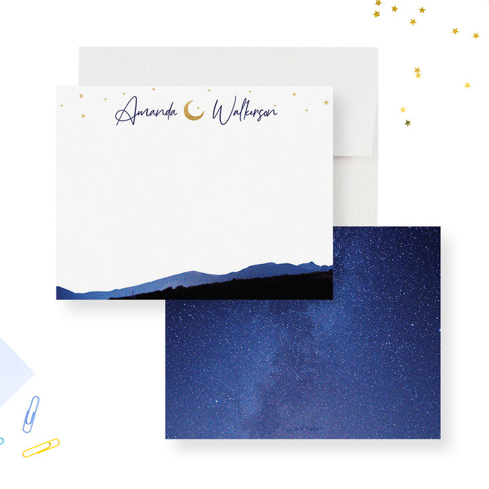 Crescent Moon and Stars Note Cards, Personalized Moon Thank You Stationary Paper, Starry Night Sky, Galaxy Space Stationery Set, Moon Gift