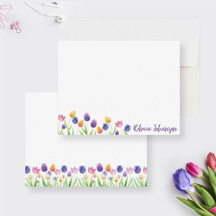 Personalized Watercolor Tulip Card Set, Tulips Note Cards Floral Stationary, Custom Tulip Thank You Cards Pack, Floral Mother's Day Gift