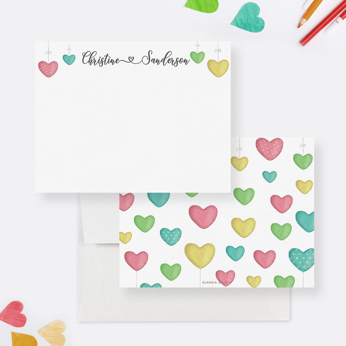 Heart Note Cards, Personalized Colorful Stationery Set for Girls, Custom Valentine’s Day Card, Love Note Cards, Letter Stationary