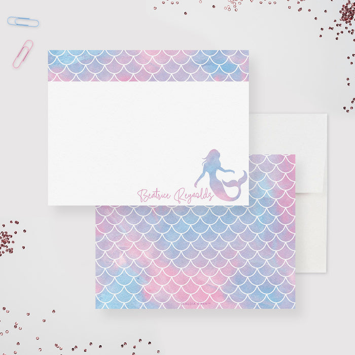 Mermaid Note Card Set with Envelopes, Girls Teens Stationery Set, Custom Mermaid Thank You Note, Personalized Girl Writing Paper Set