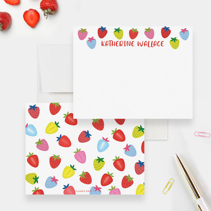 Personalized Strawberry Note Card, Birthday Baby Shower Thank You Notes, Summer Stationery for Her Flat Notecards, Cards with Envelopes