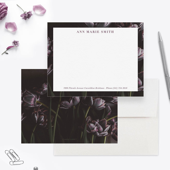 Custom Stationery Note Card, Women's Personalized Stationery Tulip Flowers Stationary, Dark Florals Personal Stationery Set