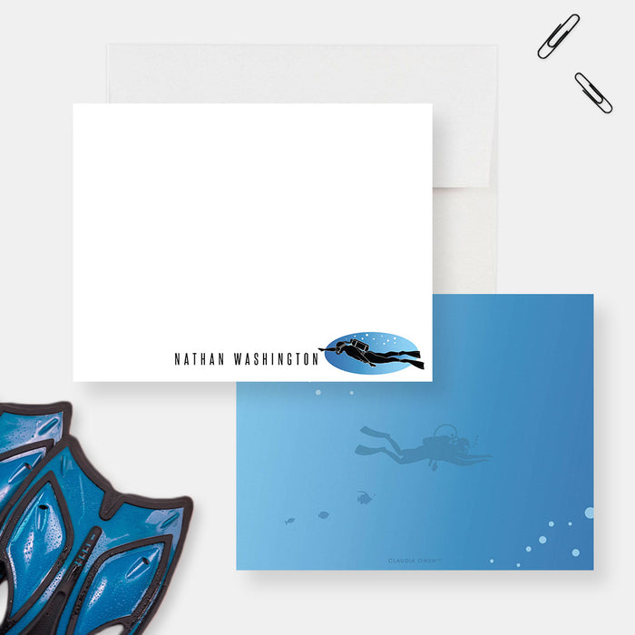 Scuba Diving Note Cards Stationery for Him, Personalized Scuba Diver Gifts, Snorkeling Lover, Diver Thank You Cards with Envelopes