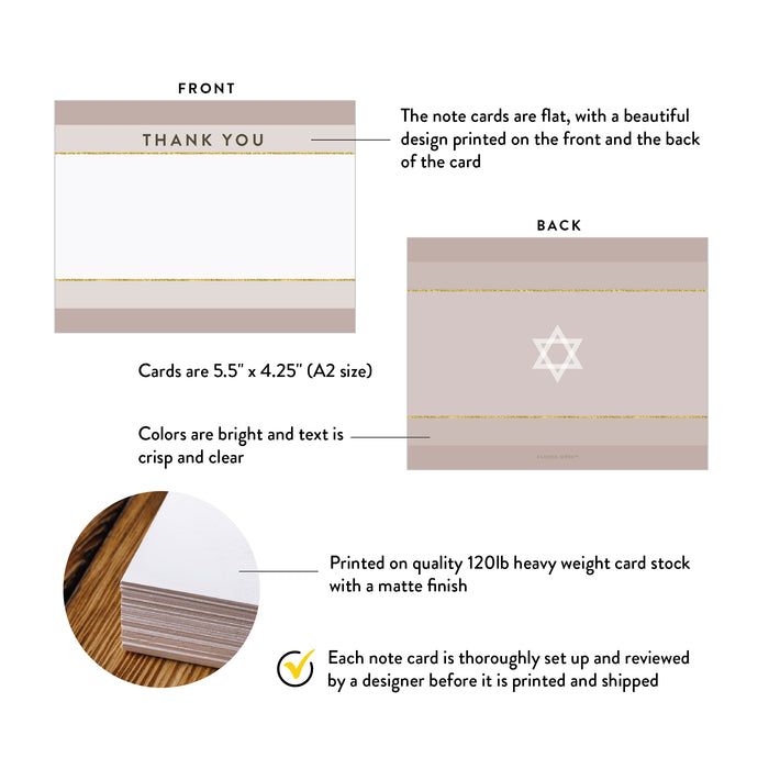 Bat Mitzvah Greeting Cards in Beige and Gold, Mitzvah Note Cards, Mazel Tov Thank You Cards, Personalized Jewish Note Cards with Star of David